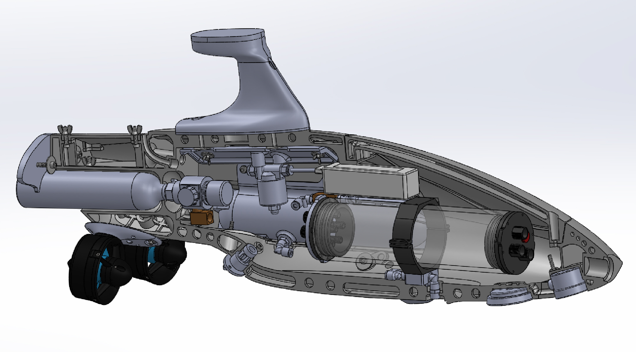 CAD cutaway cross-section assembly of the Rumblefish V20 internal architecture